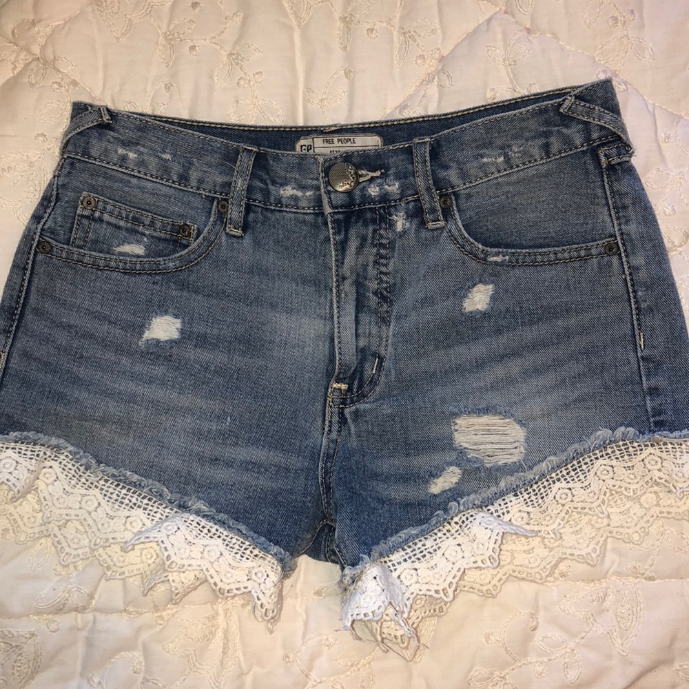 Free People Distressed Denim Shorts with Lace Trim, Size 24
